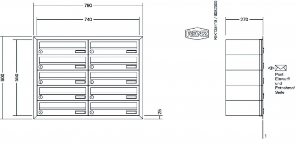 RENZ Briefkastenanlage Unterputz, Eckrahmen, Edelstahl V4A, Kastenformat 370x110x270mm, 10-teilig